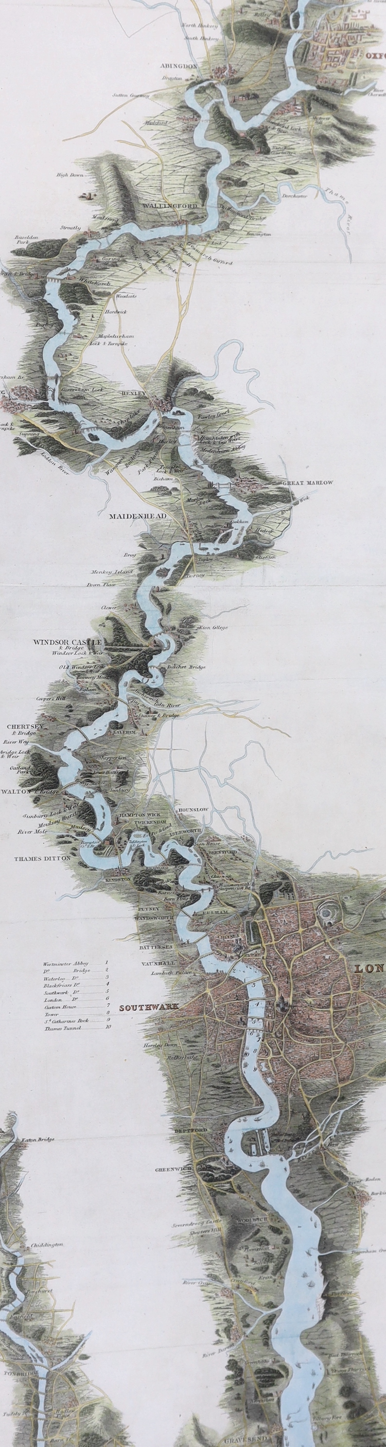Tombleson's Thames, hand coloured engraved panoramic map of the Thames and Medway, 127 x 24cm